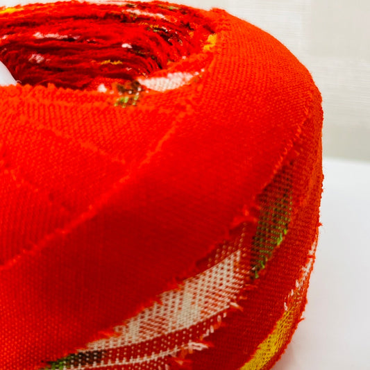 Yellow and white kasuri pattern on vermillion wool (Y00000025)