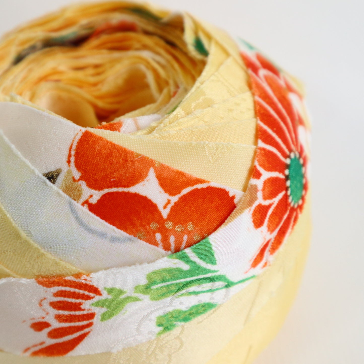 黄色にところどころ鮮やかな吉祥花柄・化繊　(Y02606006）