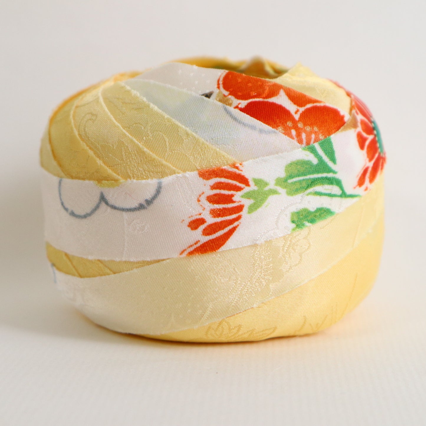 黄色にところどころ鮮やかな吉祥花柄・化繊　(Y02606006）
