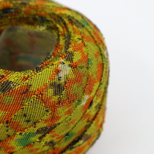 Mustard green with orange, yellow, green, brown, and white geometric pattern, interwoven (Y02405005)